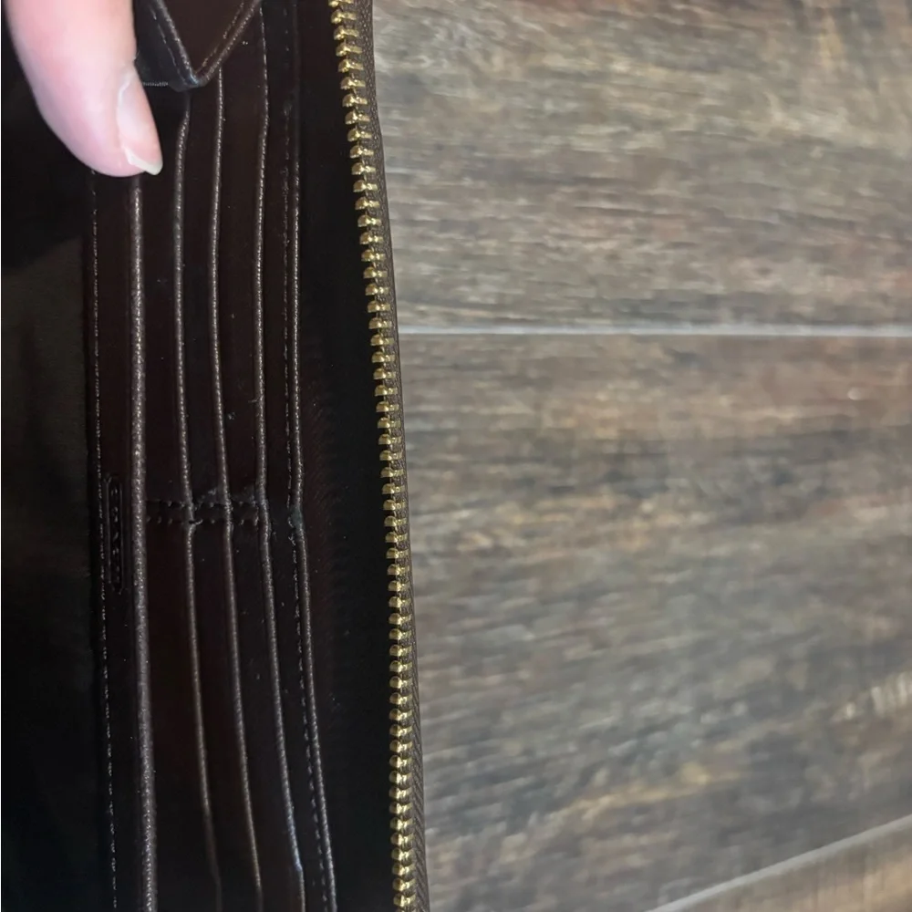 COACH Dark Brown Leather Zip-Around Wallet with Gold Logo